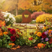 Artikel Metall Gartenstecker Rostoptik 100 cm Vogelhaus mit Herz und Zweig