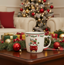 Artikel Keramikbecher Weiß Weihnachtsmotiv Auto mit Geschenken Ø 9 cm