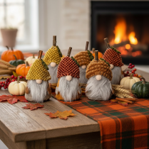 Artikel 6er-Set Wichtelfiguren mit Strickmützen aus Stoff und Kunststoff, Herbstfarben, ca. 10 cm hoch