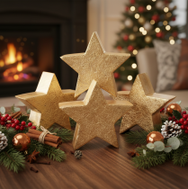 Artikel Deko-Sterne Holz Gold 10cm 3er-Set Tischaufsteller Innenbereich