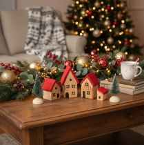 Artikel Holz-Dekohaus-Set mit roten Dächern und Tannenbäumen, 12 cm, 6-tlg