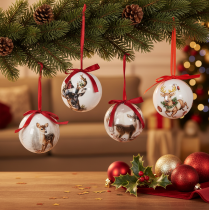 Artikel Weihnachtskugeln Kunststoff Hirschmotiv 7cm Rotband 4er-Set