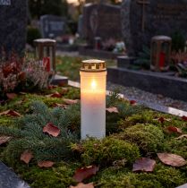 Artikel Grabkerze Trauerlicht Weiß mit Golddeckel Ø7,5cm H24,5cm für Andacht und Gedenken