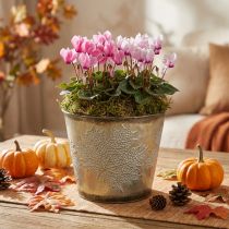 Artikel Herbsttopf, Pflanzgefäß mit Blättern, Metalldeko Golden Ø16,5cm H14,5cm