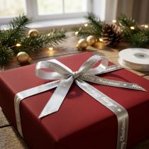 Artikel Weihnachtsband Merry Christmas Band Silber Weiß 10mm 20m