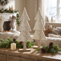 Artikel Filz-Tannenbaum mit Herz in Creme-Beige, natürlicher Holzsockel, 35cm, 2er Set
