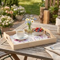 Artikel Holztablett rechteckig Natur mit Blumenmotiv & Schmetterling L35cm Serviertablett