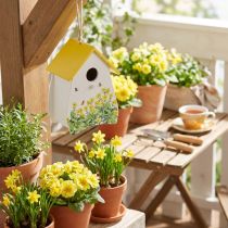 Artikel Vogelhaus aus Holz mit floralem Muster und gelbem Dach für Innenbereich und Balkon 21 cm