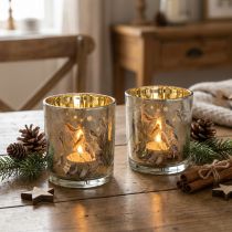 Artikel Windlicht Glas 8cm mit Vogel- und Schneeflocken-Motiv, goldfarbene Innenseite, 2-teiliges Set, für Innenbereich
