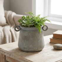 Artikel Deko Topf Metall mit Griffen Vintage-Optik Grau H13,5cm für floristische Kreationen
