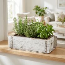 Artikel Ziegelform, Backstein-Kiste, Holzkasten mit Metallbeschlägen Antik-Optik, Weiß gewaschen L32cm H9cm