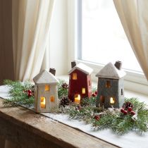 Artikel Keramikhäuschen Adventsdeko Creme Rot Grau 8,5/9,5cm 3 St - Weihnachtliche Keramik-Dekoration
