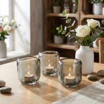 Artikel Teelichthalter Glas Grau, 8cm, 6 Stück, mit Rillenstruktur