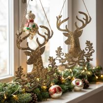 Artikel Rentier zum Hängen, Weihnachtsdeko, Hirschkopf, Metallanhänger Golden Antik-Optik H23cm 2 St