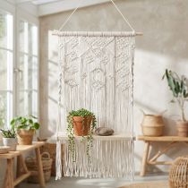 Artikel Boho Makramee Blumenampel Hängedeko Fensterdeko mit Blumenschaukel Brett 40x15cm im Natur-Weiß