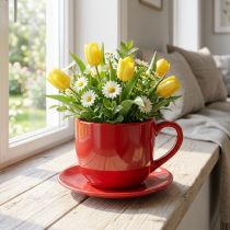 Artikel Keramik Pflanzgefäß Tasse mit Unterteller Rot 17cm