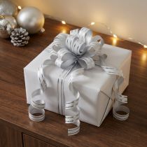 Artikel Kräuselband Geschenkband Schleifenband Weiß mit Silberstreifen 10mm 250m