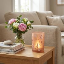 Artikel Teelichthalter Glas 18cm Rosa mit Blumenmotiv – Stimmungsvoll und Eleganz für jede Deko