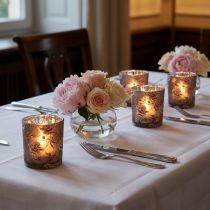 Artikel Teelichtglas Tischdeko Pfingstrosen Braun Silber H8cm 4 St – Elegante Dekoration für Floristen & Blumengeschäfte