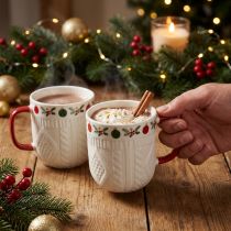 Artikel Keramik Weihnachtstasse mit Strickmuster und festlichem Dekor, 9cm, Rot-Weiß, 2St