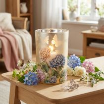 Artikel Teelichthalter Glas mit Blütenmotiv und verspiegelter Oberfläche 18 cm