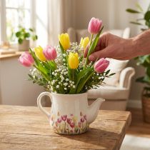 Artikel Keramikkanne mit Blumendekor, 20 cm – Frühlingshafte Deko für Zuhause und Gewerbe