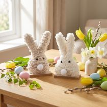 Artikel Deko-Osterhase Plüsch Beige & Weiß Holzsockel Osterdekoration 18cm 2er Set