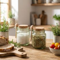 Artikel Deko Glas mit Korkdeckel und Löffel Grün Ø7cm H10cm 2St