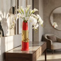 Artikel Deko-Vase Keramik Lippenstift-Design 38cm Rot-Gold für Kunstblumen
