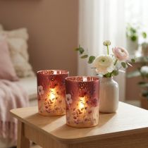 Artikel Deko Windlicht Glas 12,5cm mit Blumenmotiv in Rot und Bunt für stimmungsvolles Licht