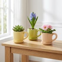 Artikel Kaffeetassen Set aus Keramik mit Untersetzer 3-teilig 11 cm in Gelb Grün Orange