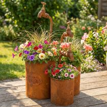 Artikel Metall Übertopf-Set Mit Wasserhahn Deko Rostoptik - Garten Vintage Charm - Pflanzgefäß - Größen-Set 3-teilig