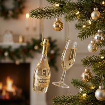 Artikel Sektflasche und Sektglas Anhänger aus Glas 14cm klar/gold 2-teilig