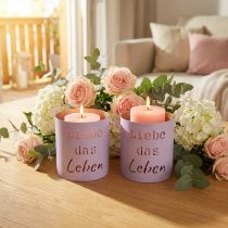 Artikel Windlicht "Liebe das Leben" Violett Pastell Ø9cm H10cm 4er-Set