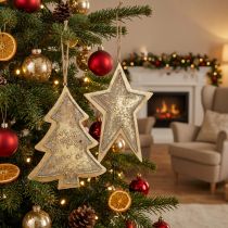 Artikel Metallanhänger Tanne und Stern, Christbaumschmuck, Weihnachtsdeko Golden, Antik-Optik H15,5/17cm 4St