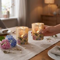 Artikel Windlicht Glas 12,5cm mit Hydrangea-Motiv und goldener Innenfläche