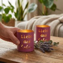 Artikel Windlicht Metall "Liebe das Leben" Fuchsia Gold Ø9cm H10cm 4er Set - Glam Deko Highlight