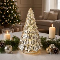 Artikel Mini Weihnachtsbaum aus Glas mit LED Beleuchtung Silber-Gold 28cm