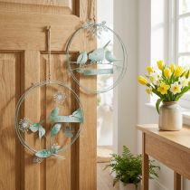Artikel Vogeldeko zum Hängen, Willkommensschild, Metalldeko für den Frühling, Türschmuck Grün, Weiß Ø27cm 2er-Set
