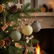 Artikel Weihnachtskugeln Glas Beflockt Gelb/Grün/Grau Ø6cm 3St