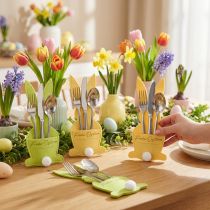 Artikel Bestecktaschen Hase aus Filz mit Frohe-Ostern-Druck, Gelb und Grün, 26cm, 4er-Set