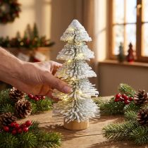 Artikel Mini Weihnachtsbaum 28cm mit LED Beleuchtung, verschneite Tanne auf Holzsockel