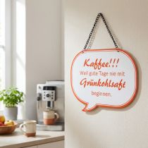 Artikel Kaffee Spruchschild zum Aufhängen aus Metall als witzige Deko für Küche und Büro