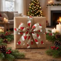 Artikel Weihnachtsband Santa-Mützen Braun 60mm 10m Dekoband Geschenkband Leinen-Optik mit Draht