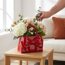 Artikel Deko Vase Handtaschenform Schleife Polyresin Rot glänzend 22cm