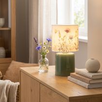 Artikel Tischlampe LED mit Blumenmuster und Glasfuß in Grün – stilvolle Beleuchtung für jeden Raum