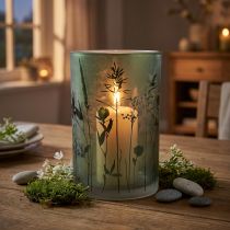 Artikel Windlicht Glas Weiß Grün Wiesen-Motiv 18cm Dekoration Kerzenglas
