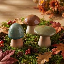 Artikel Keramik Pilze Herbstdeko farbenfroh für Tisch und Regal, Deko-Set in Braun Grün Blau 3 Stück H6-7,5cm