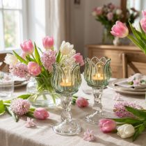 Artikel Glas-Teelichthalter Tulpenform Grün Ø7cm H16cm 2er-Set