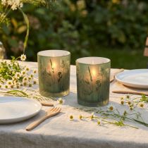 Artikel Deko Glas Windlicht Grün Weiß Wiesen-Motiv H12,5cm 2er Set Teelicht Laserschnitt Tischdekoration